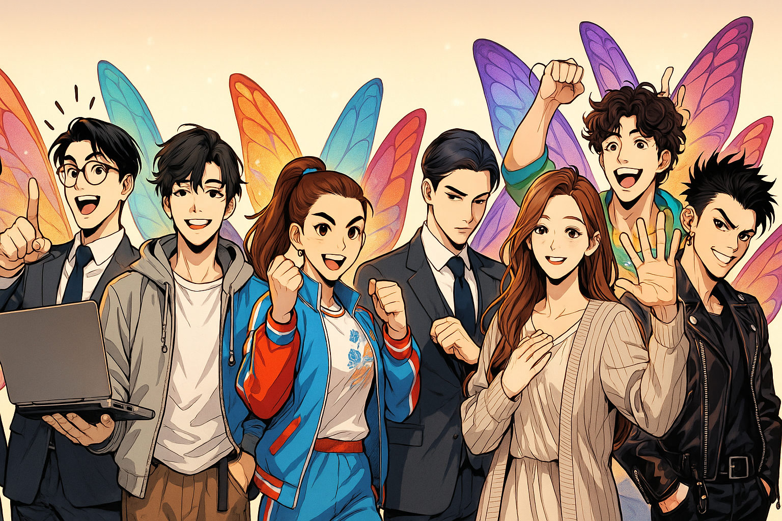 Burnthefly — 8명 캐릭터가 나비 날개를 달고 각자 특성을 표현하는 그룹 일러스트